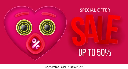 Valentine's day Sale concept banner. Vector illustration. Pink heart paper art cut out face with eyes and open mouth. Creative discount symbol design.