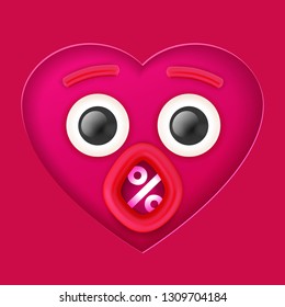 Valentine's day Sale concept banner. Vector illustration. Pink heart paper art cut out face with eyes and open mouth. Creative discount symbol design.