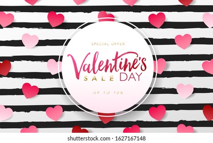 Valentine's day sale concept banner. Seasonal marketing design layout. Pink theme design with heart paper craft on black and white striped background.  Vector illustration. 