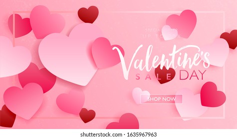 Valentine's day sale concept banner. Seasonal marketing design layout. Pink heart paper craft on pink background. Vector illustration template.