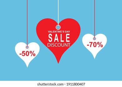 Valentines day sale concept with hanging hearts and text isolated on blue background. Vector illustration in flat style