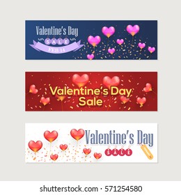Valentine's Day Sale Concept Multicolored Web Banner Collection. Marketing Ad or Love Theme Greeting Card, Vector Elements Background, Horizontal Flyer, Poster Design Set