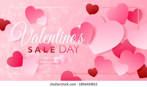 Valentine's day sale concept, seasonal marketing design banner with heart paper craft on bokeh pink background. Vector illustration template