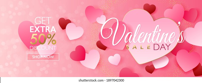 Valentine's day sale concept, seasonal marketing design banner with heart paper craft on bokeh pink background. Vector illustration template