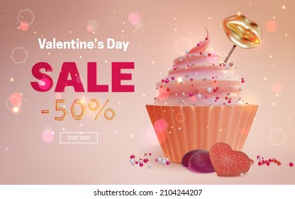 Valentines Day Sale Concept Template Poster Flyer Banner Card With Cupcake. Vector Illustration Of Special Offer