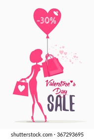 Valentine's day sale concept with woman silhouette holding heart shaped balloon and shopping bags. Vector illustration