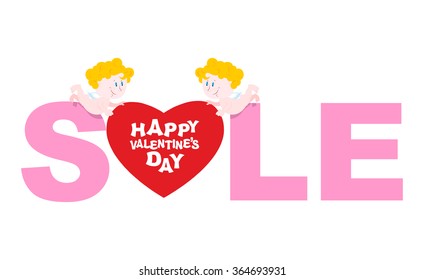Valentines day sale. Cupid holding a heart. Discounts to shop during holidays. Emblem for storefront.
