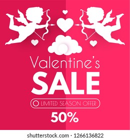 Valentine's Day Sale. Cute Design Template with Hearts, Cloud and Cupid Holding Bow and Arrow. Vector illustration