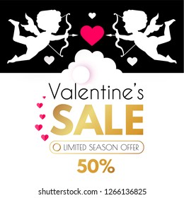 Valentine's Day Sale. Cute Design Template with Hearts, Cloud and Cupid Holding Bow and Arrow. Vector illustration