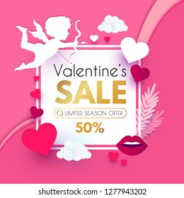 Valentine's Day Sale. Cute Design Template with Hearts, Cloud and Cupid Holding Bow and Arrow. Vector illustration