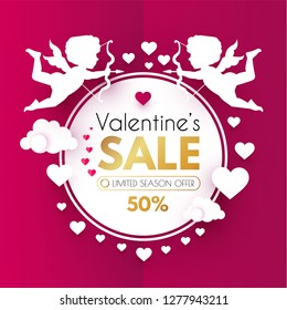 Valentine's Day Sale. Cute Design Template with Hearts, Cloud and Cupid Holding Bow and Arrow. Vector illustration