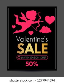 Valentine's Day Sale. Cute Design Template with Hearts, Cloud and Cupid Holding Bow and Arrow. Vector illustration