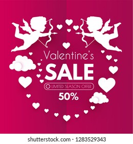 Valentine's Day Sale. Cute Design Template with Hearts, Cloud and Cupid Holding Bow and Arrow. Vector illustration