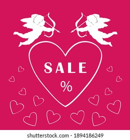 Valentine's Day sale. Cute pattern design with hearts and Cupid holding bow and arrow. Vector illustration on a white background.