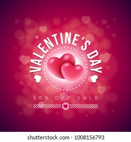 Valentines day sale design. A couple of balloon hearts on red bokeh background. Vector illustration. Ideal for website banners, flyers, invitation, posters, brochures.