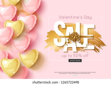 Valentines day sale design with pink and gold heart shape balloons. Vector shopping discount