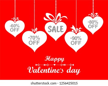 Valentine`s day sale design template. Celebration red background with white heart and place for your text. Sale label.  Percent sale off. Discount 70%, 80% and 90%. 14 february. Design banner. Vector 