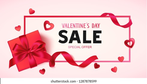 Valentine's day sale design template. Pink banner with gift box, red bow and decorative heart confetti. Vector illustration