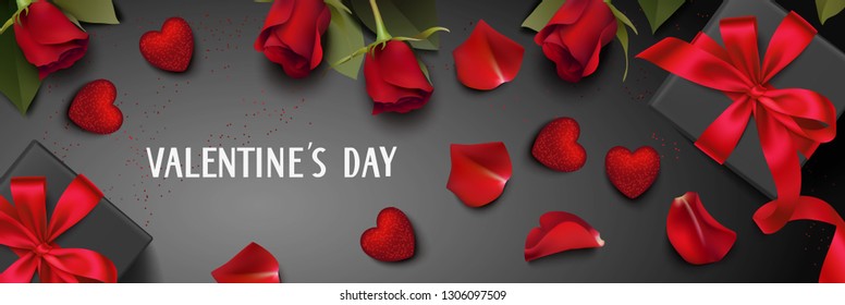 Valentine's day Sale design template. Decorative gift box, red roses and heart on blackboard. Vector illustration. Top view