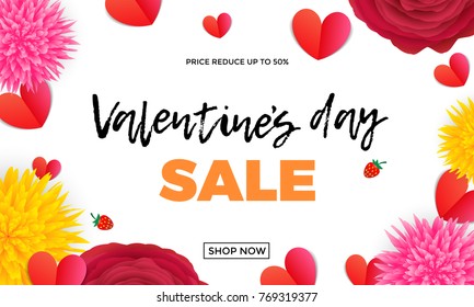 Valentines Day sale design template of red paper hearts and pink roses or red flowers bunch on white background. Vector Valentine fashion shopping season sale discount offer background for banner