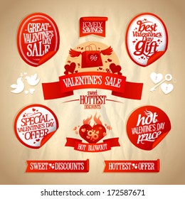 Valentine`s day sale designs and stickers collection in retro style