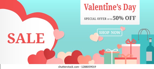 Valentine's day sale discount up to 50%  off  with many small pink hearts, presents boxes, gift bag and wine bottle on blue background for advertising, banner.-Vector illustration pastel color tone.