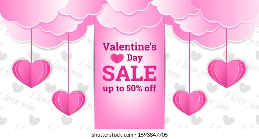 Valentine's Day sale. Discount up to 50% off. Abstract background in paper style. Vector illustration with hearts and clouds. Design for paper, prints, brochures, covers, banners etc.