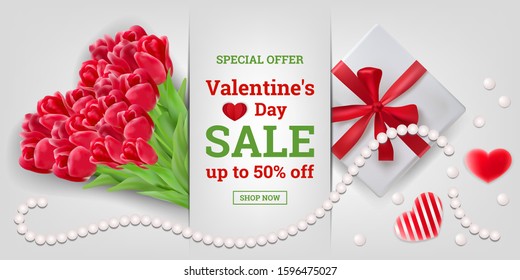 Valentine's Day sale. Discount up to 50% off. Abstract background with realistic bouquet of tulips, a gift, hearts and pearls 3D. Vector illustration. Design for paper, prints, brochures, banners.
