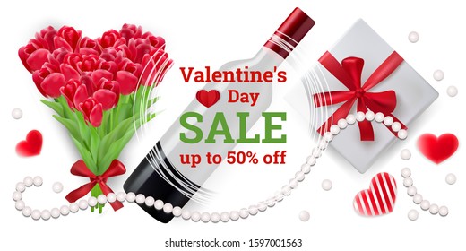 Valentine's Day sale. Discount up to 50% off. Vector illustration with a realistic bouquet of tulips, a bottle of wine, a gift, hearts and pearls 3D on a white background. Design for brochures, banner