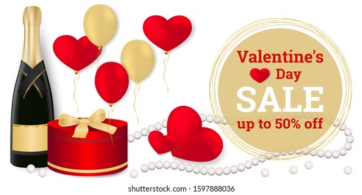 Valentine's Day sale. Discount up to 50% off. Vector illustration with realistic a bottle of champagne, a gift box, balloons, hearts and pearls 3D on white background. Design for brochures, banners.