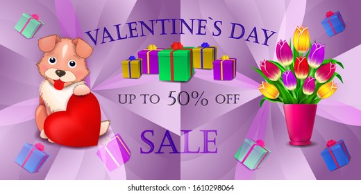 Valentine's day sale, discount up to 50%, pink background with the offer, a bouquet of tulips and a  puppy holding a red heart and a gifts