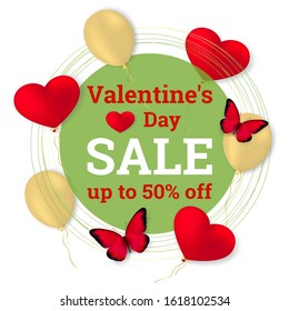 Valentine's Day sale. Discount up to 50% off. Banner with realistic red butterflies, heart shaped balloons on a white background. Vector illustration. Design for paper, banners, brochure. Stock.