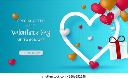 Valentines Day Sale discount banner. Discount Sale Vector. Special offer poster with heart balloons, price tag, festive background. Love, flyer, banner, shopping coupon, voucher. Vector illustration