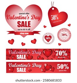 Valentine's Day sale, discount banner. Set with bale tags. Discount for couples. 