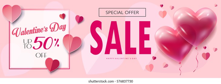 Valentines Day Sale discount banner. Discount Sale Vector. Special offer poster with heart balloons, price tag, festive background. Love, flyer, banner, shopping coupon, voucher. Typography Gift card