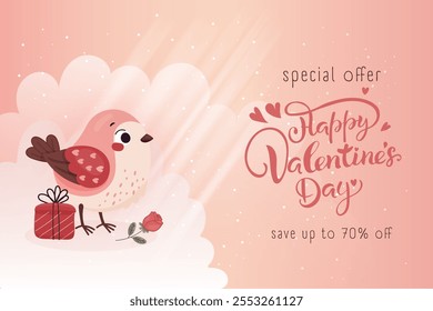 Día de San Valentín, rebajas, descuentos.  Lindo pájaro contra el cielo.