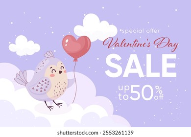 Valentines Day, sale, discounts.  Cute bird with balloon on sky background.