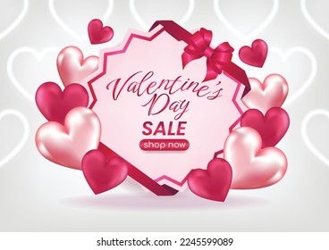 valentine's day sale display website banner pink background and hearts elements