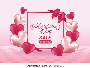 valentine's day sale display website banner pink background and hearts elements