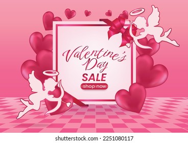 valentine's day sale display website banner pink background and hearts elements