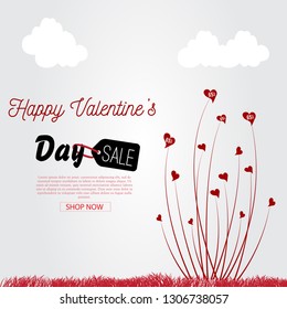 Valentine's day sale feed with grass and heart shape, vector illustration template, banners, Wallpaper, invitation, posters, brochure, voucher discount