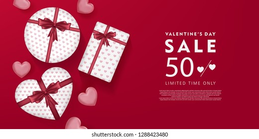 Valentine's day sale flyer, 3d heart and heart shaped gift box