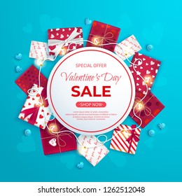 Valentine's Day Sale flyer template. Poster, card, label, background, banner on circle frame with gifts boxes, garland, heart shaped lollipops. Special seasonal offer Vector illustration in blue color