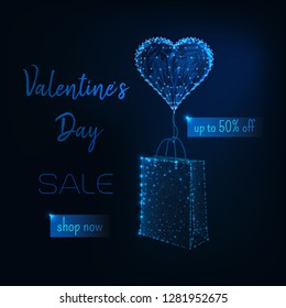 Valentines Day Sale flyer template with glowing low poly paper shopping bag, heart shape balloon and promo text on dark blue background. Futuristic wireframe design vector illustration.