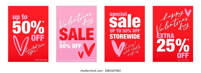 Valentine's day sale flyer template. Colourful red and pink poster, banner design with 50% off typography text and handwritten engaging phrases to stimulate customer to buy product in the shop.