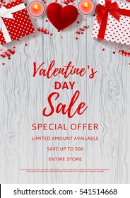 Valentine's Day sale flyer. Top view on gift boxes and red case for ring. Beautiful backdrop with candles, confetti and serpentine on wooden texture. Vector illustration.