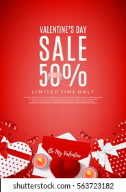 Valentine's Day sale flyer. Top view on composition with gift boxes, red case for ring, candles, confetti. Vector illustration.