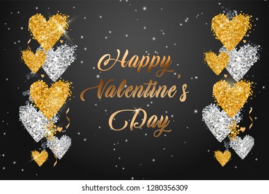 Valentines Day Sale gold text in frame on advertising poster announcement with golden heart balloons on black background. Vector illustration