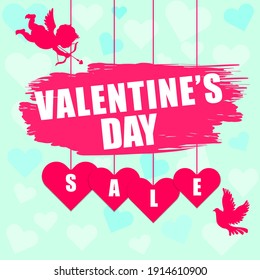 Valentine's Day Sale graphic art. Store massive sale announcement for valentine's day holiday. Cupid and dove