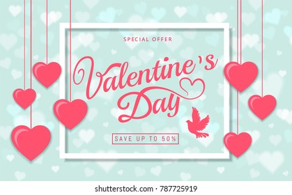 Valentines Day sale greeting card banner  Beautiful invitation with pink heart frame on blue background and lettering. Wallpaper, flyers, invitation, posters, brochure, banners. Vector illustration